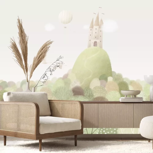 Fotobehang Kasteel op een heuvel, sprookjesachtig landschap