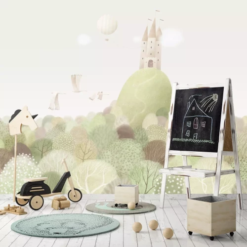 Fotobehang Kasteel op een heuvel, sprookjesachtig landschap