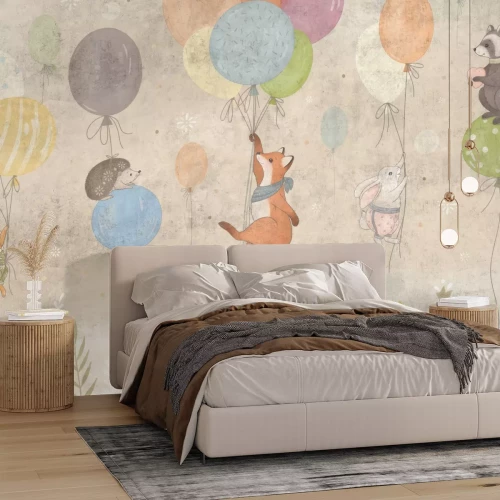 Fotobehang Een vos en een haas die ballonnen vasthouden