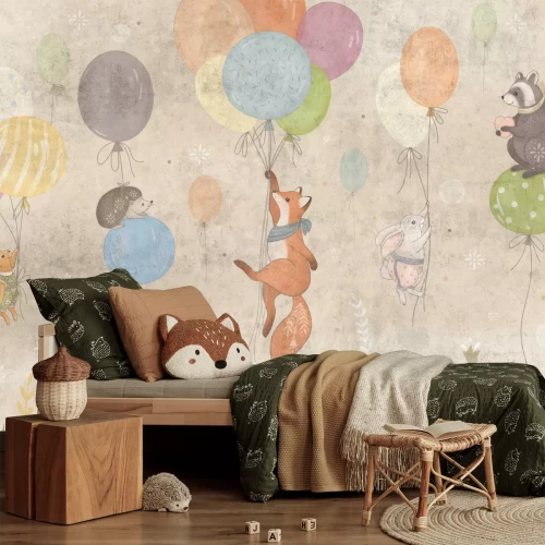 Fotobehang Een vos en een haas die ballonnen vasthouden