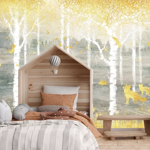 Fotobehang Abstract bos met gouden vossen