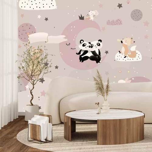 Fotobehang Panda&#39;s, vossen en konijnen op wolken