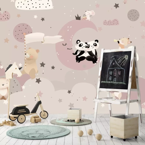 Fotobehang Panda's, vossen en konijnen op wolken