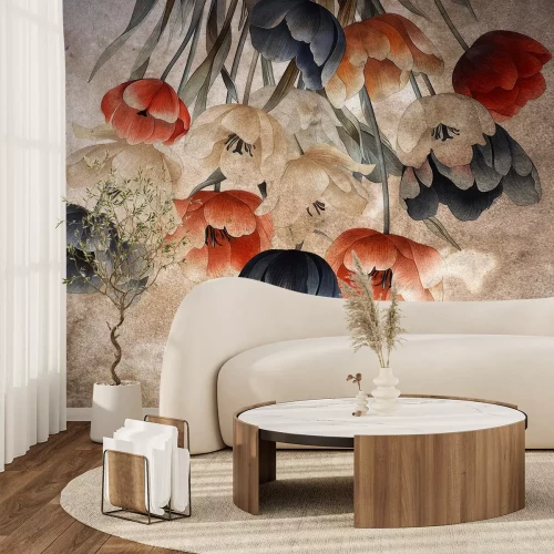 Fotobehang Kleurrijke tulpen hangen erboven