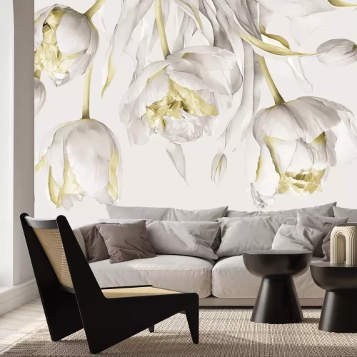 Fotobehang Witte en beige hangende tulpen