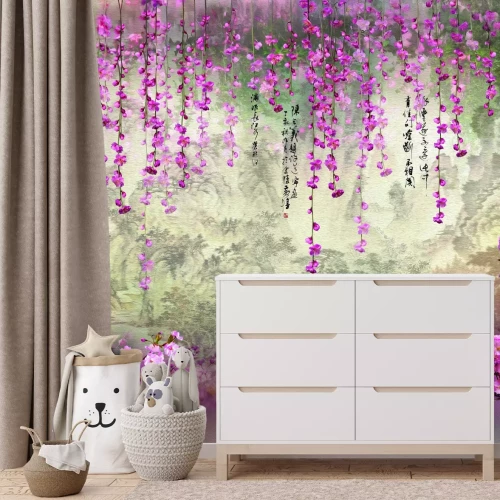 Fotobehang Roze kersenbloesems hangen erboven