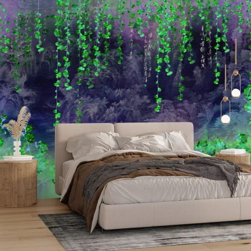 Fotobehang Roze kersenbloesems hangen erboven