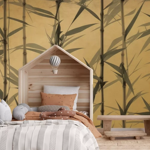 Fotobehang Jonge bamboescheuten op een oude gele achtergrond