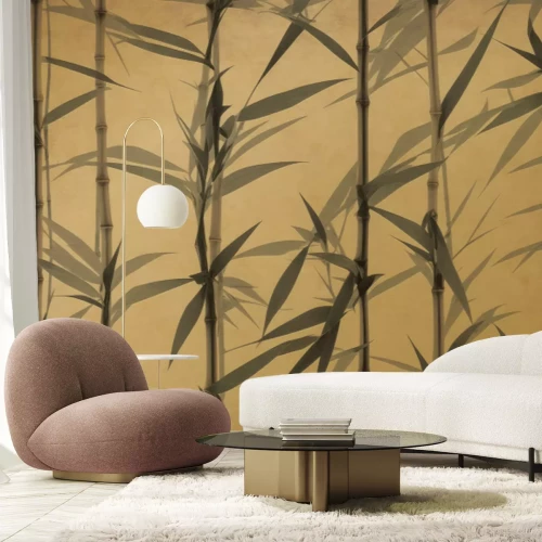 Fotobehang Jonge bamboescheuten op een oude gele achtergrond