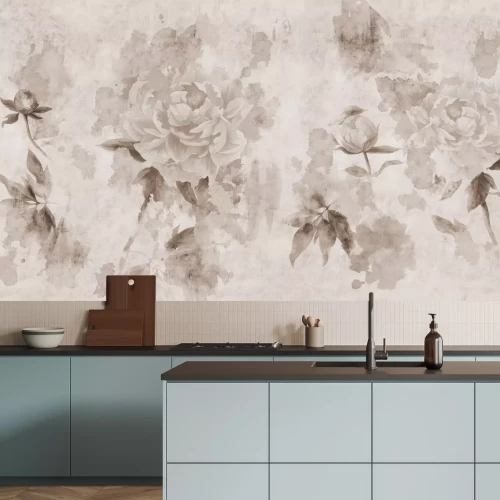 Fotobehang Monochrome bloemen op grungebeton