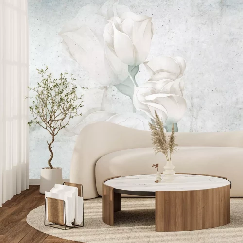 Fotobehang Witte rozenbloemen op een betonnen achtergrond