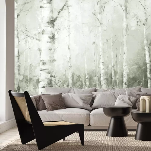 Fotobehang Schilderachtig landschap met berkenbomen