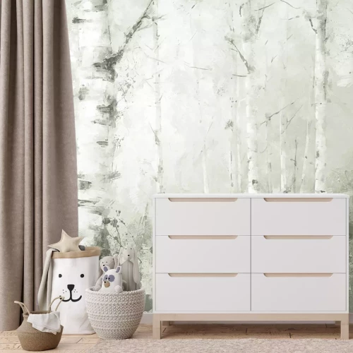 Fotobehang Schilderachtig landschap met berkenbomen