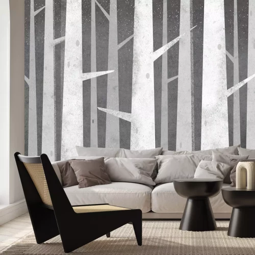 Fotobehang Berkenbos in illustratiestijl