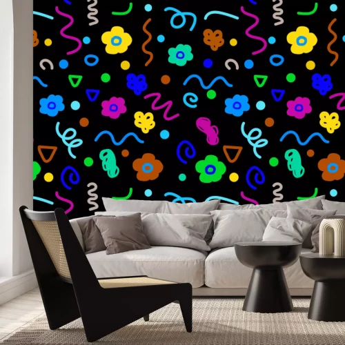 Fotobehang Kleurrijk kinderpatroon met bloemen en vormen