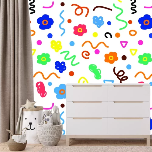 Fotobehang Kleurrijk kinderpatroon met bloemen en vormen