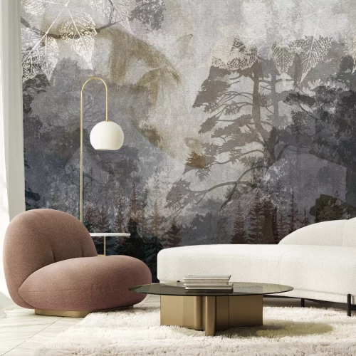 Fotobehang Boslandschap met de schaduw van een paard in grijstinten