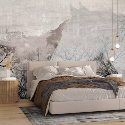 Fotobehang Silhouet van een paard en boomtakken op een betonnen achtergrond