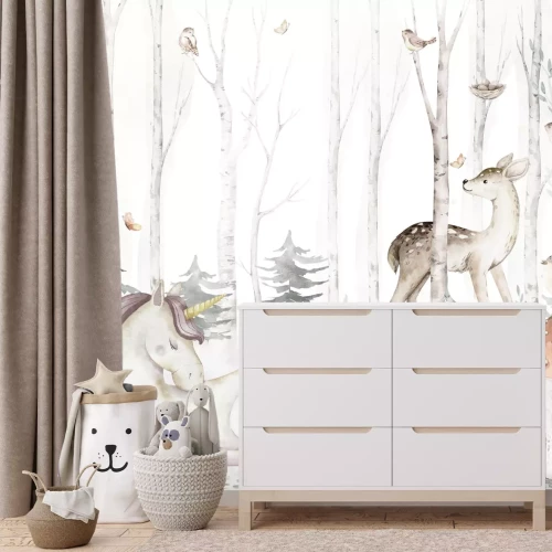 Fotobehang Eenhoorn, ree en vos in een berkenbos met vogels