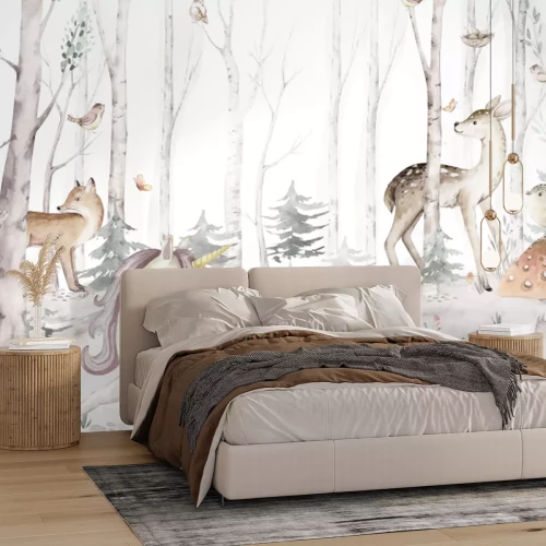 Fotobehang Eenhoorn, ree en vos in een berkenbos met vogels