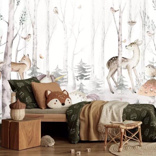 Fotobehang Eenhoorn, ree en vos in een berkenbos met vogels