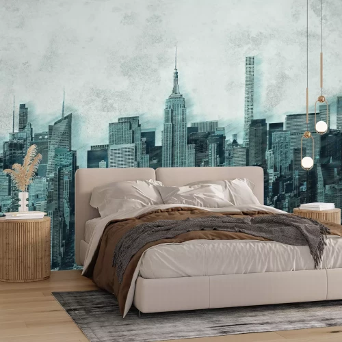 Fotobehang New Yorkse wolkenkrabbers tegen de achtergrond van een betonnen constructie