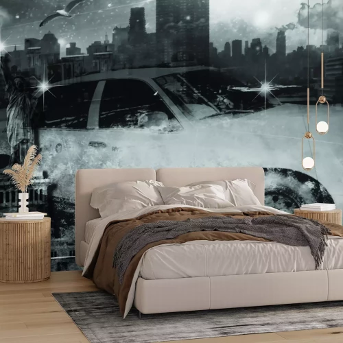 Fotobehang Vrijheidsbeeld en taxi in zwart-wit