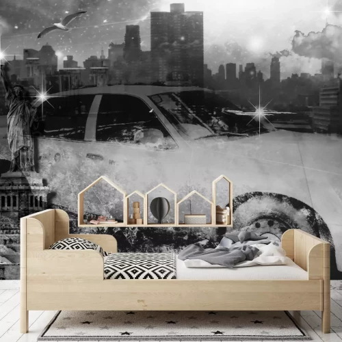 Fotobehang Vrijheidsbeeld en taxi in zwart-wit