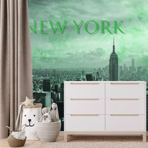 Fotobehang Luchtfoto van New York met groene letters op de achtergrond