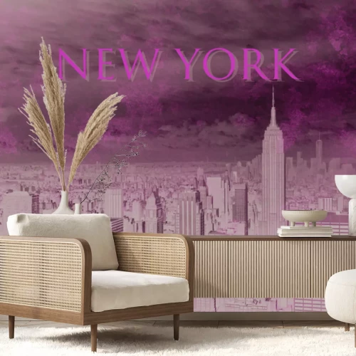 Fotobehang Luchtfoto van New York met groene letters op de achtergrond