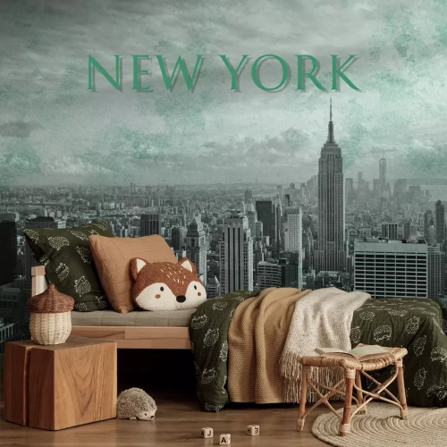 Fotobehang Luchtfoto van New York met groene letters op de achtergrond