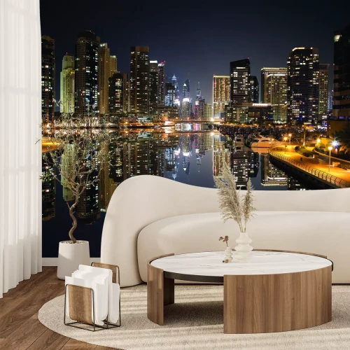 Fotobehang Panorama van Dubai met wolkenkrabbers &#39;s nachts