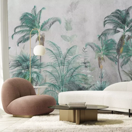 Fotobehang Groene junglevegetatie op beton