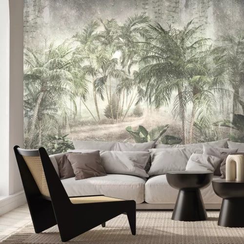 Fotobehang Tropisch bos met palmbomen op beton