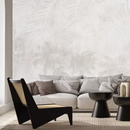 Fotobehang Palmbomen en tropische bladeren op een betonnen textuurachtergrond