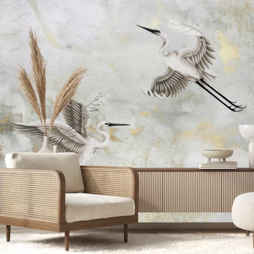 Fotobehang Reigers in vlucht tegen een getextureerde marmeren achtergrond