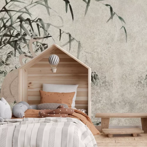 Fotobehang Reigers en bamboebladeren op een gestructureerde achtergrond