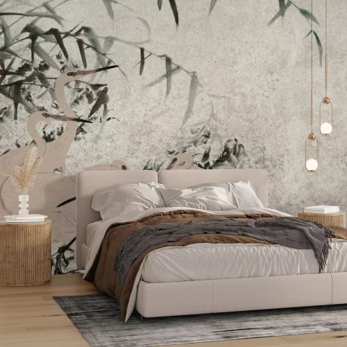 Fotobehang Reigers en bamboebladeren op een gestructureerde achtergrond