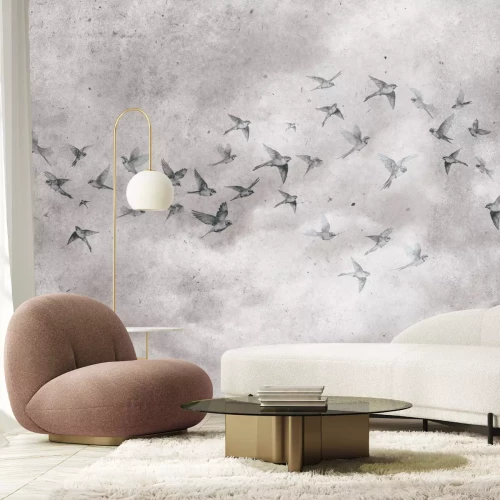 Fotobehang Industrieel patroon met vogels op een betonnen achtergrond