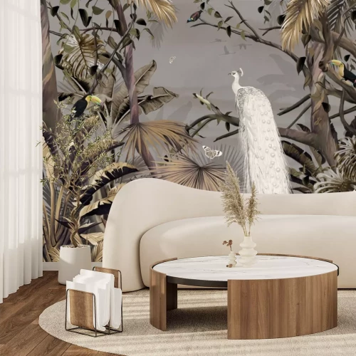 Fotobehang Witte pauwtoekans en vlinders in een tropische jungle