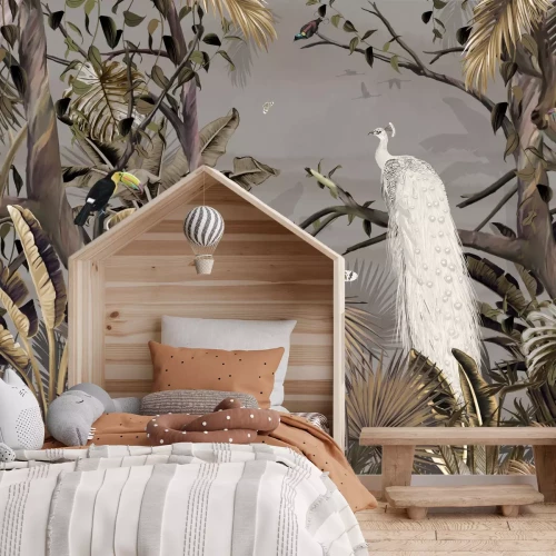 Fotobehang Witte pauwtoekans en vlinders in een tropische jungle