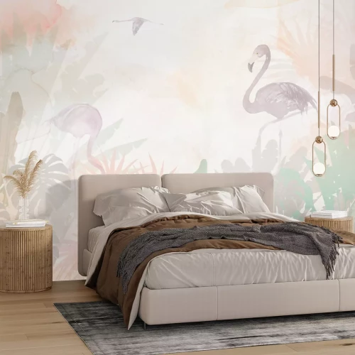 Fotobehang Aquarel flamingo&#39;s tussen delicate bladeren