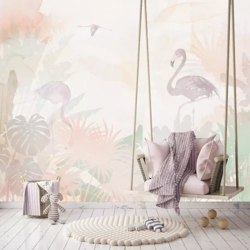 Fotobehang Aquarel flamingo's tussen delicate bladeren