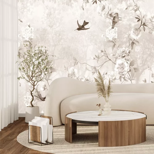 Fotobehang Vogels in een tuin vol bloemen en bomen