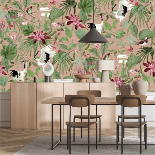 Fotobehang Bloemen en vogels in een tropische tuin