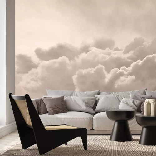 Fotobehang Beige lucht met donzige wolken