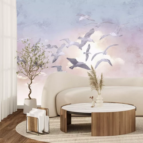 Fotobehang Witte meeuwen in een pastelkleurige lucht