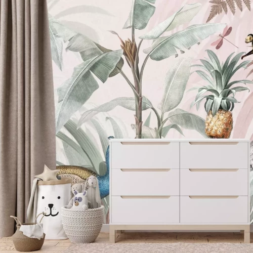 Fotobehang Dieren tussen tropische planten aquarel landschap