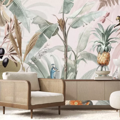 Fotobehang Dieren tussen tropische planten aquarel landschap