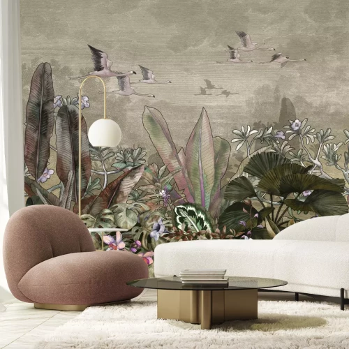 Fotobehang Tropische planten en exotische vogels in aquarelstijl